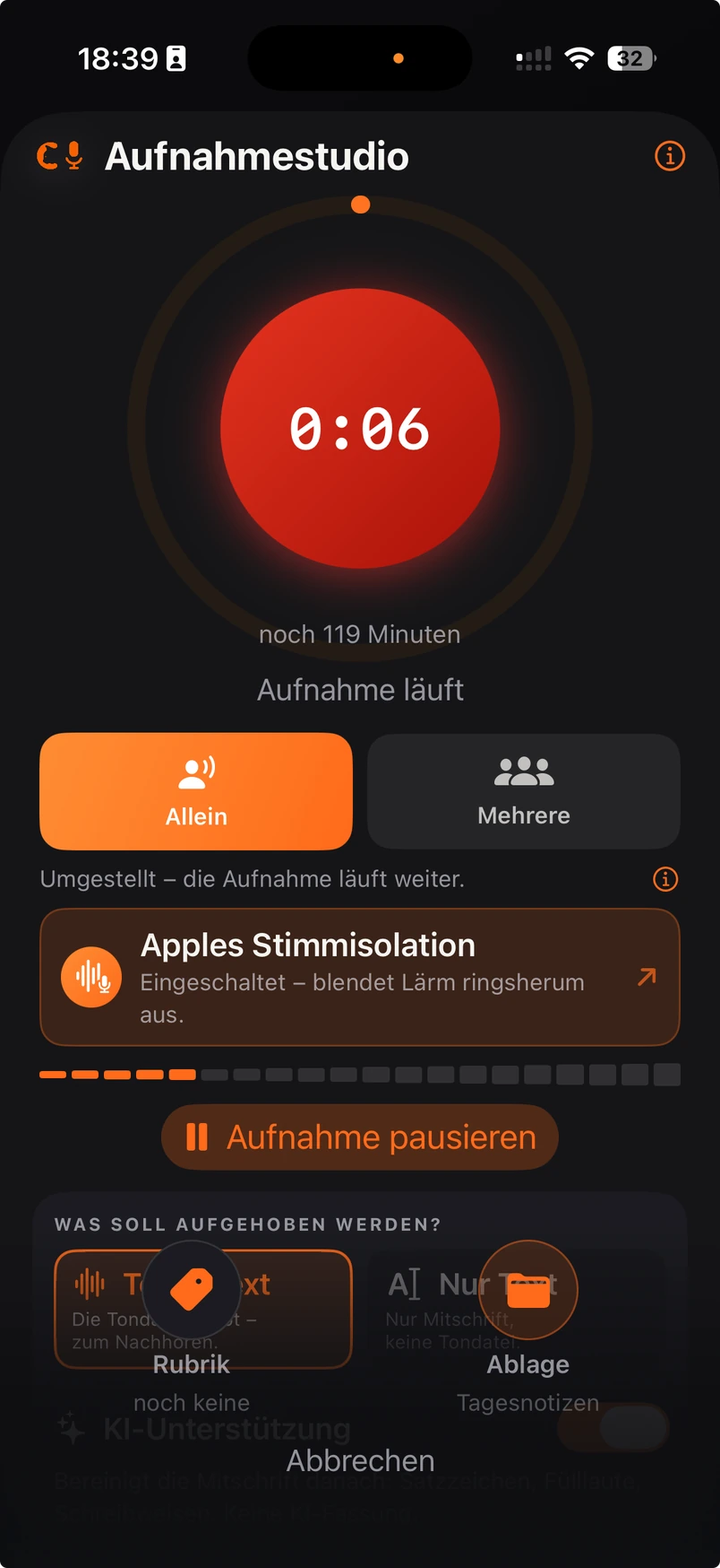 Laufende Aufnahme im aktuellen iPhone-Aufnahmestudio
