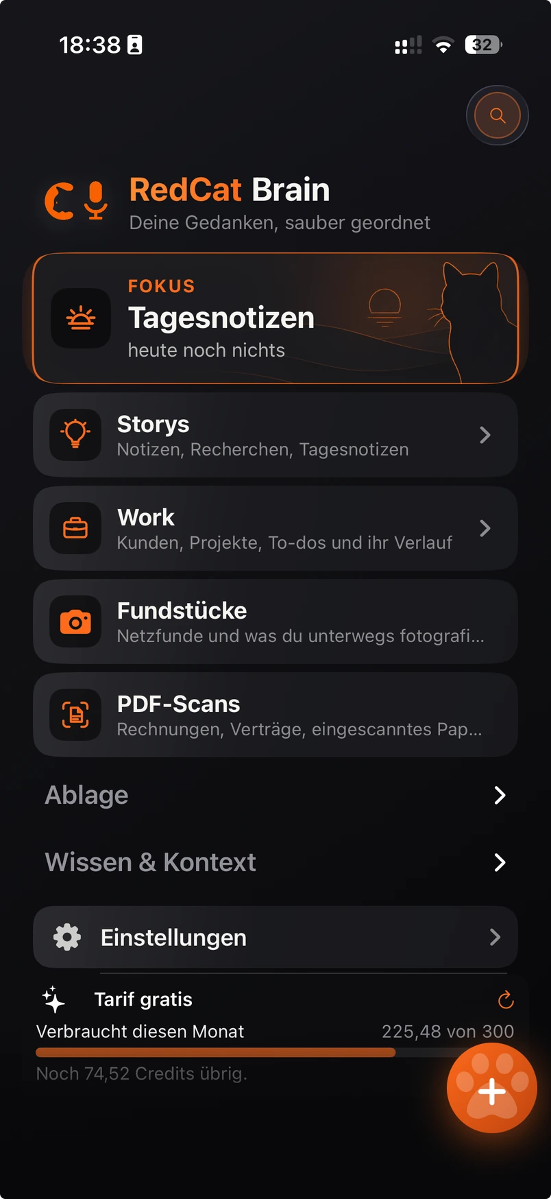 Aktuelle iPhone-Startseite mit Tagesnotizen, Storys, Work, Fundstücken und PDF-Scans.
