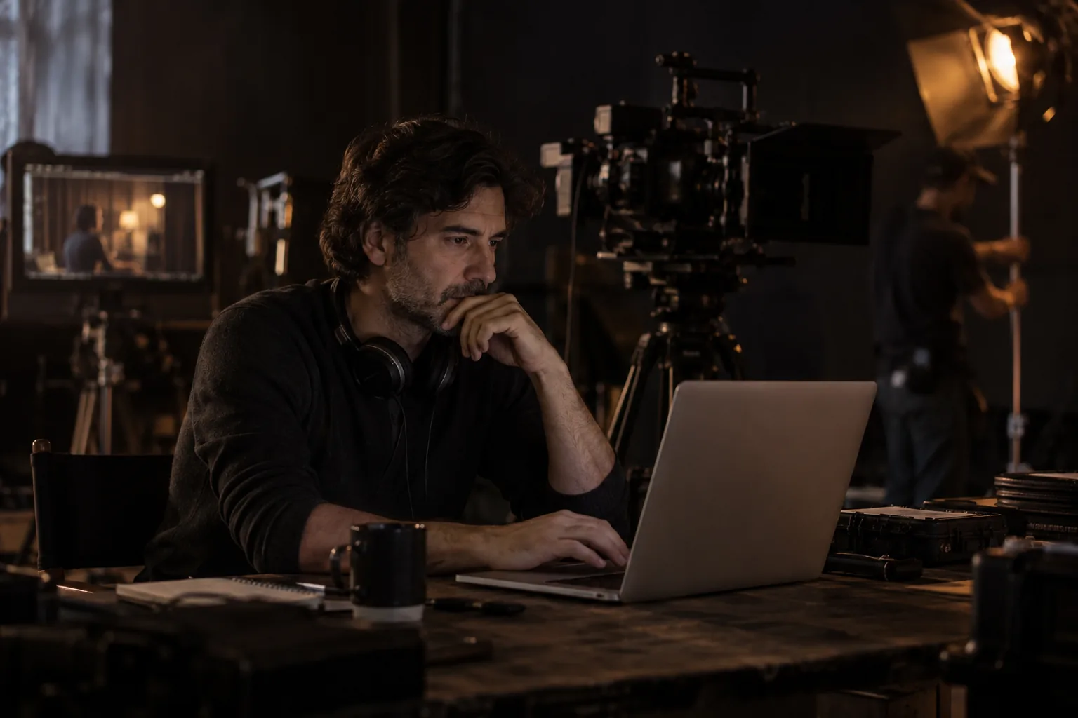 Ein Filmemacher arbeitet am Laptop; Kamera und Produktionsteam im Hintergrund.