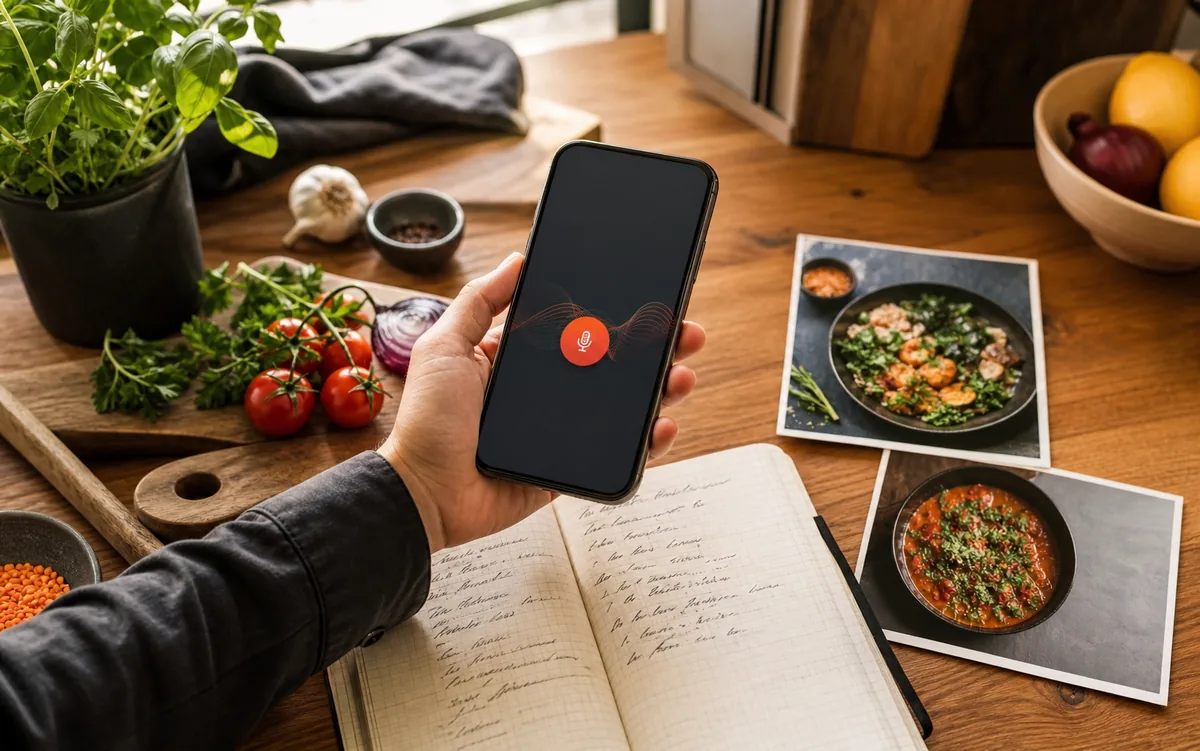 Eine Rezeptidee wird beim Kochen mit dem Smartphone festgehalten und mit Fotos und Zutaten verbunden.