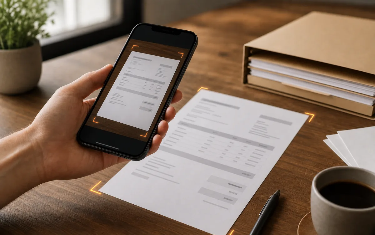 Eine Hand hält ein Smartphone über eine Rechnung auf einem Tisch. Orange Rahmen zeigen, wie das Dokument beim Scannen erfasst wird.